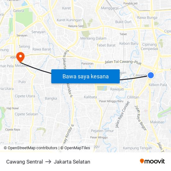 Cawang Sentral to Jakarta Selatan map