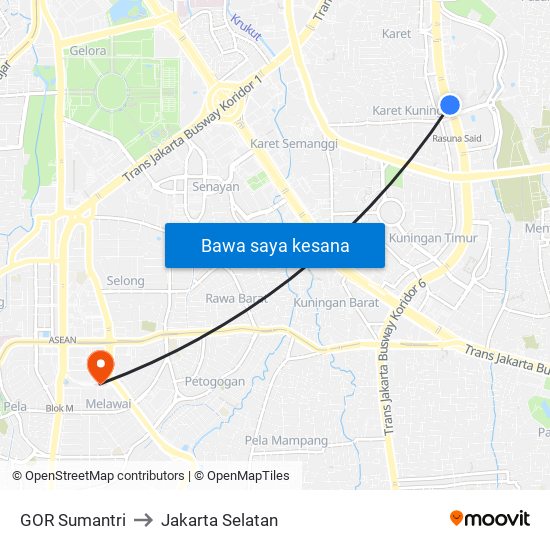 GOR Sumantri to Jakarta Selatan map