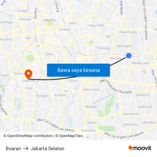 Buaran to Jakarta Selatan map