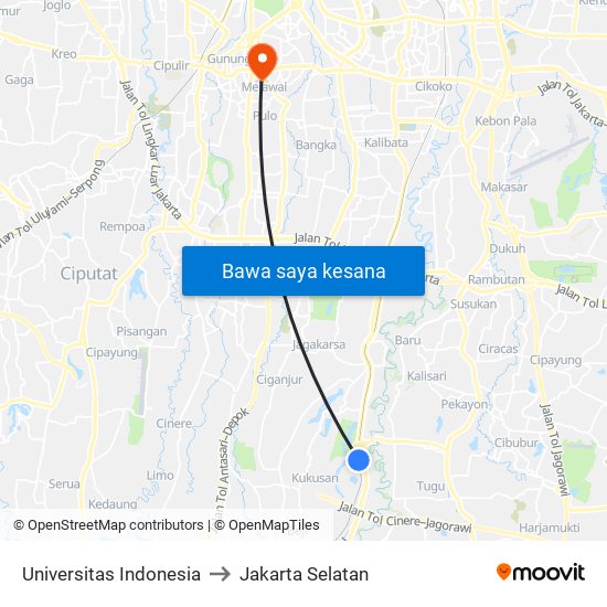 Universitas Indonesia to Jakarta Selatan map