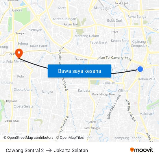 Cawang Sentral 2 to Jakarta Selatan map