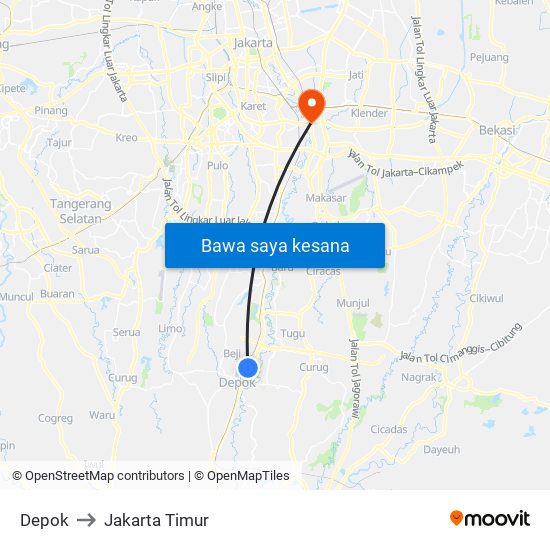 Depok to Jakarta Timur map