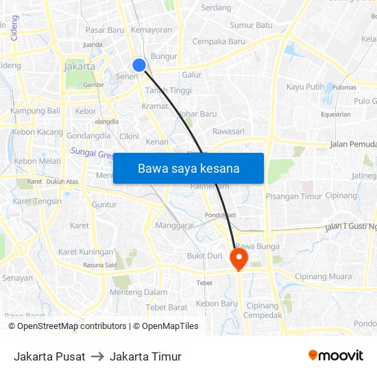 Jakarta Pusat to Jakarta Timur map