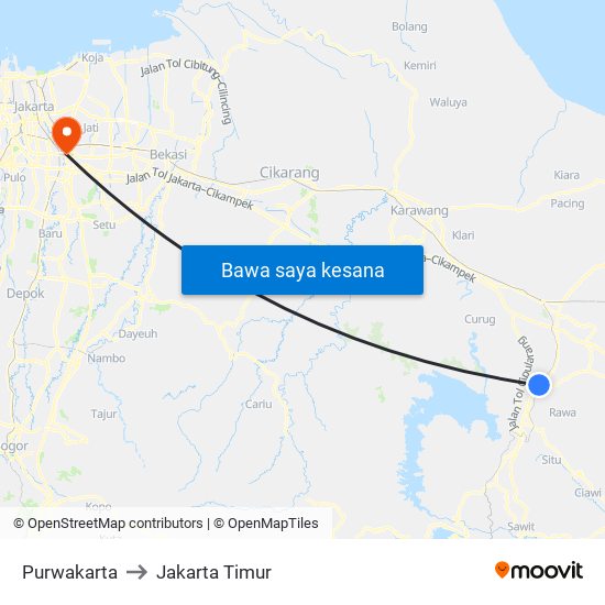 Purwakarta to Jakarta Timur map