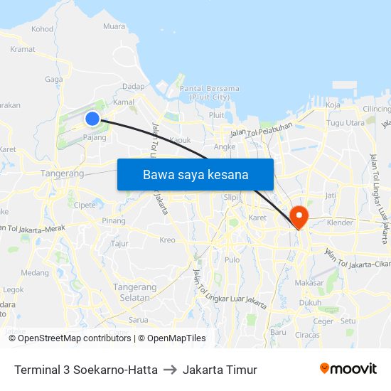 Terminal 3 Soekarno-Hatta to Jakarta Timur map