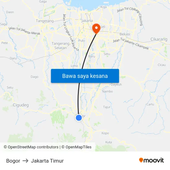 Bogor to Jakarta Timur map