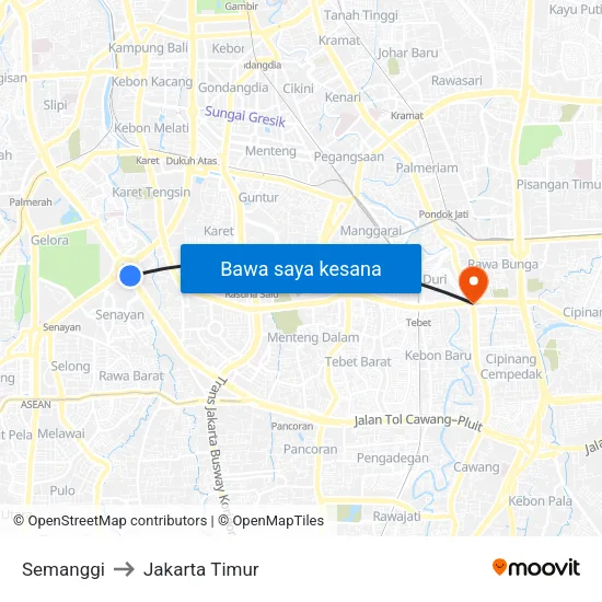 Semanggi to Jakarta Timur map