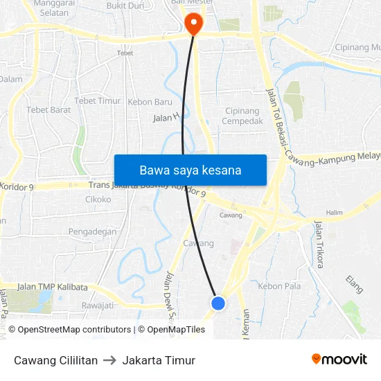 Cawang Cililitan to Jakarta Timur map