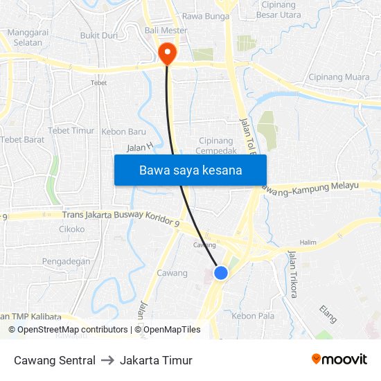 Cawang Sentral to Jakarta Timur map