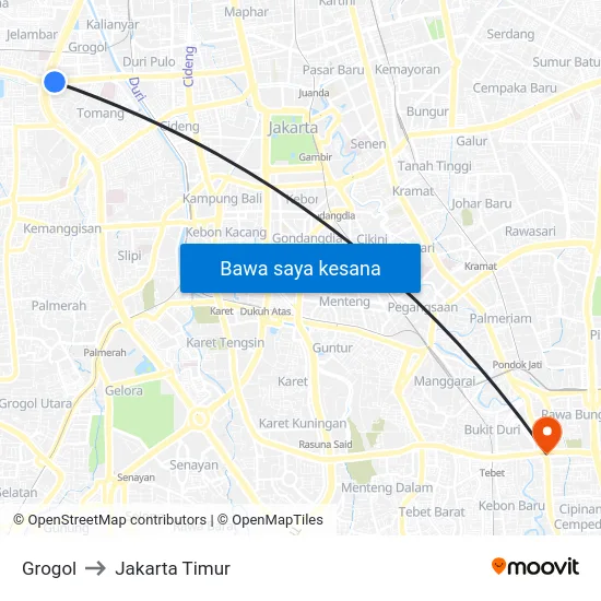Grogol to Jakarta Timur map