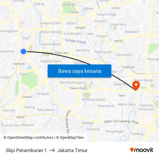 Slipi Petamburan 1 to Jakarta Timur map