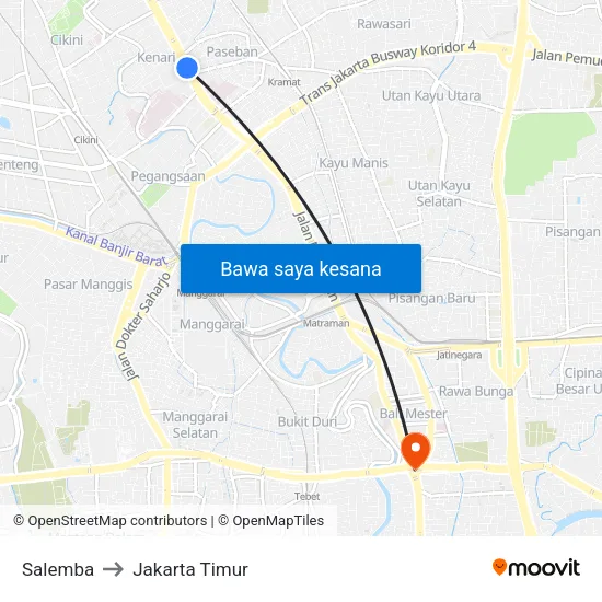 Salemba to Jakarta Timur map