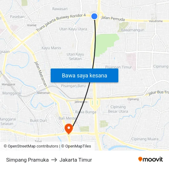 Simpang Pramuka to Jakarta Timur map