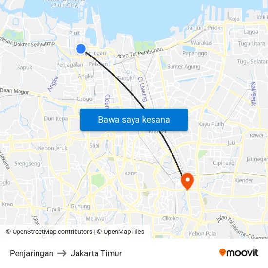 Penjaringan to Jakarta Timur map