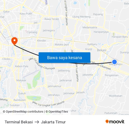 Terminal Bekasi to Jakarta Timur map
