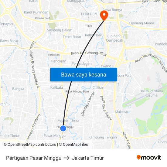 Pertigaan Pasar Minggu to Jakarta Timur map