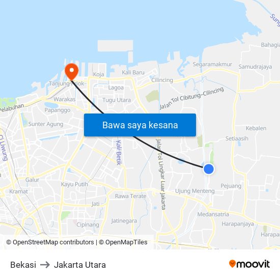 Bekasi to Jakarta Utara map