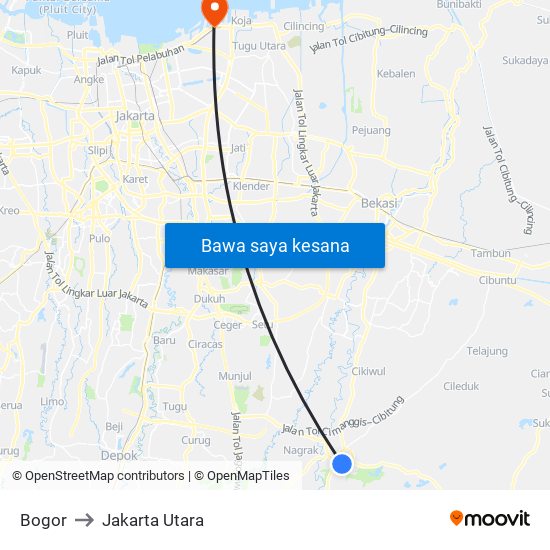 Bogor to Jakarta Utara map