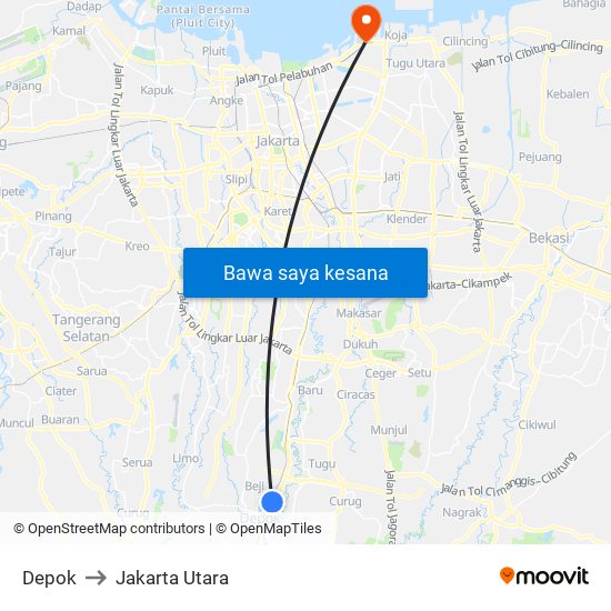 Depok to Jakarta Utara map