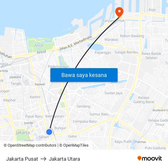 Jakarta Pusat to Jakarta Utara map