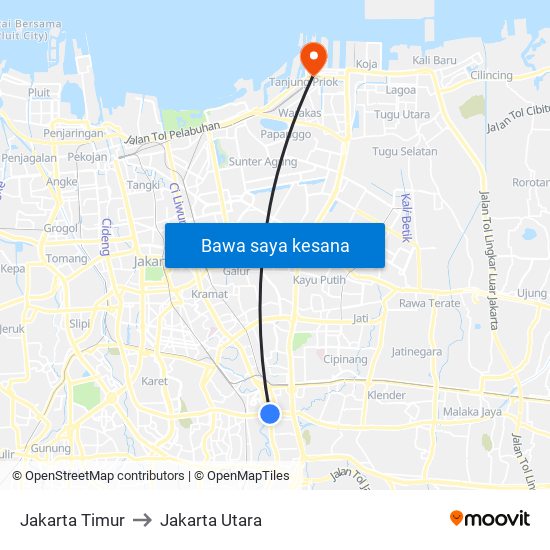 Jakarta Timur to Jakarta Utara map