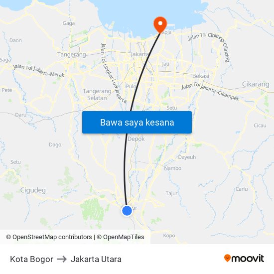 Kota Bogor to Jakarta Utara map