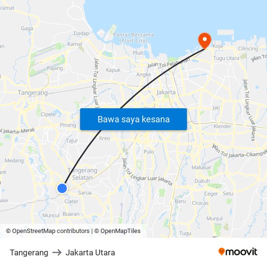 Tangerang to Jakarta Utara map