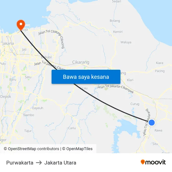 Purwakarta to Jakarta Utara map