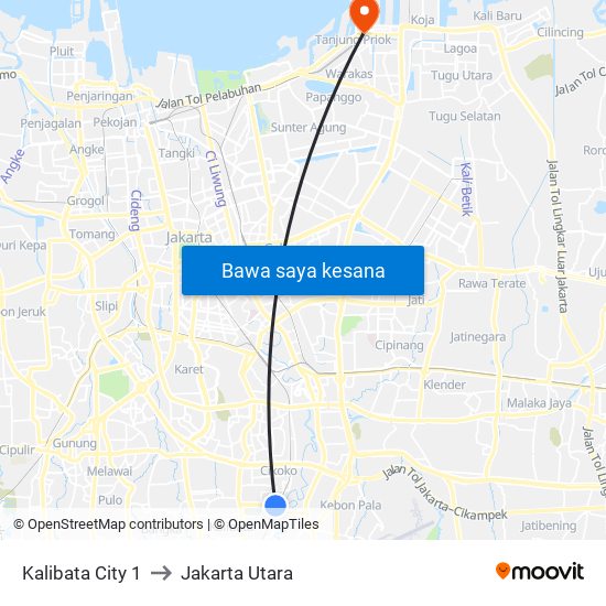 Kalibata City 1 to Jakarta Utara map