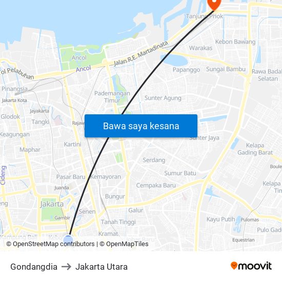 Gondangdia to Jakarta Utara map