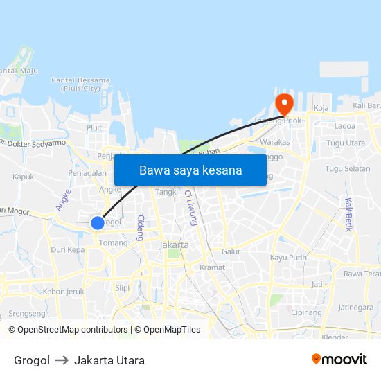 Grogol to Jakarta Utara map