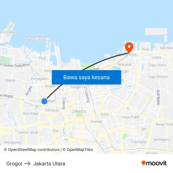 Grogol to Jakarta Utara map