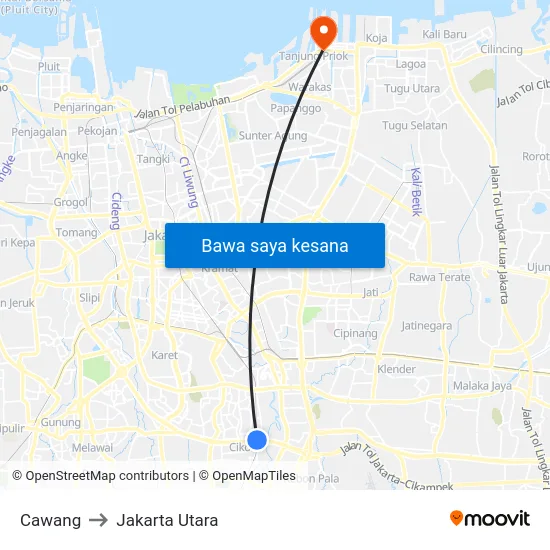 Cawang to Jakarta Utara map