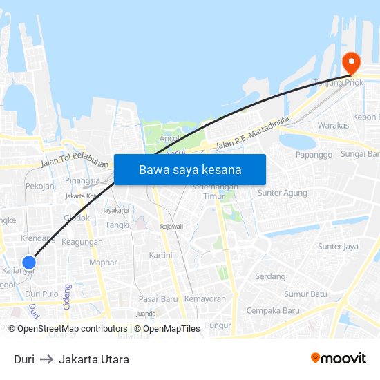 Duri to Jakarta Utara map