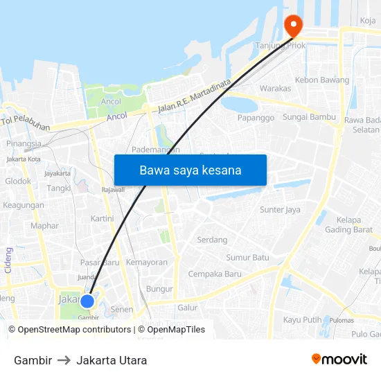 Gambir to Jakarta Utara map