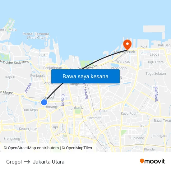 Grogol to Jakarta Utara map