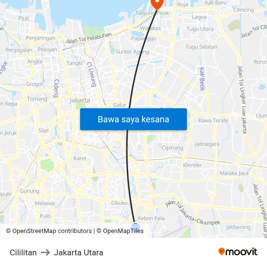 Cililitan to Jakarta Utara map