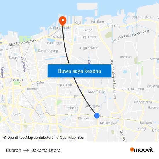 Buaran to Jakarta Utara map