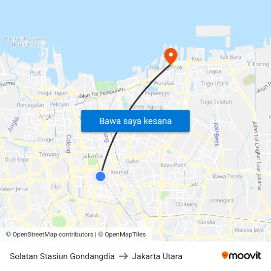 Selatan Stasiun Gondangdia to Jakarta Utara map
