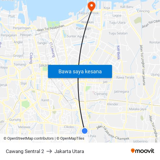 Cawang Sentral 2 to Jakarta Utara map