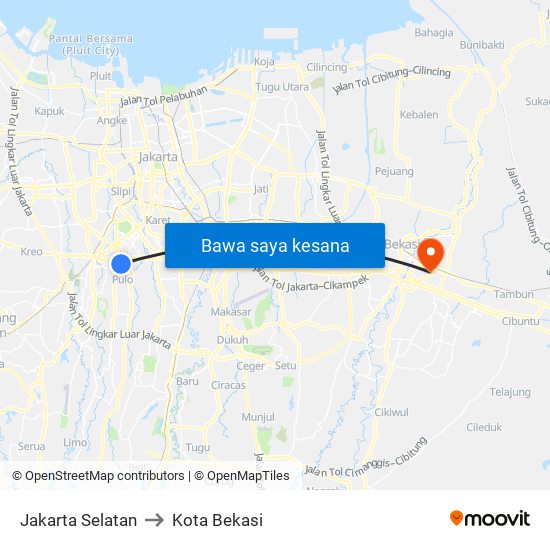 Jakarta Selatan to Kota Bekasi map