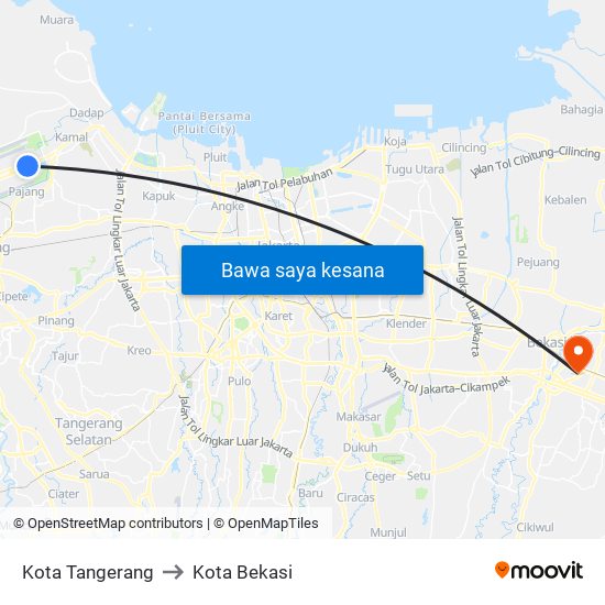 Kota Tangerang to Kota Bekasi map