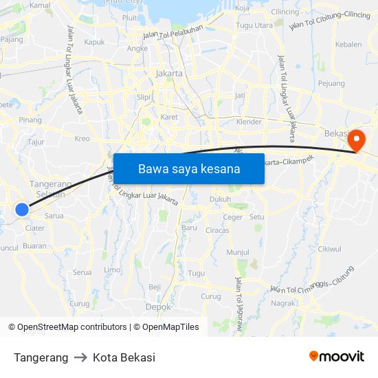 Tangerang to Kota Bekasi map