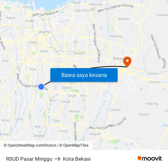 RSUD Pasar Minggu to Kota Bekasi map