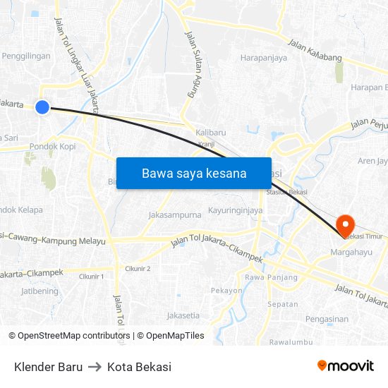 Klender Baru to Kota Bekasi map
