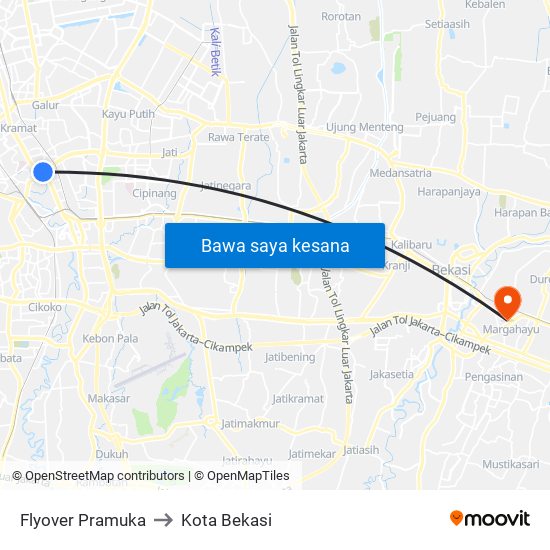Flyover Pramuka to Kota Bekasi map