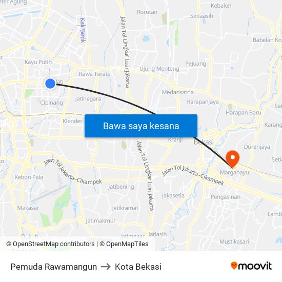 Pemuda Rawamangun to Kota Bekasi map