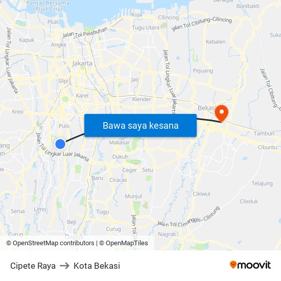 Cipete Raya to Kota Bekasi map