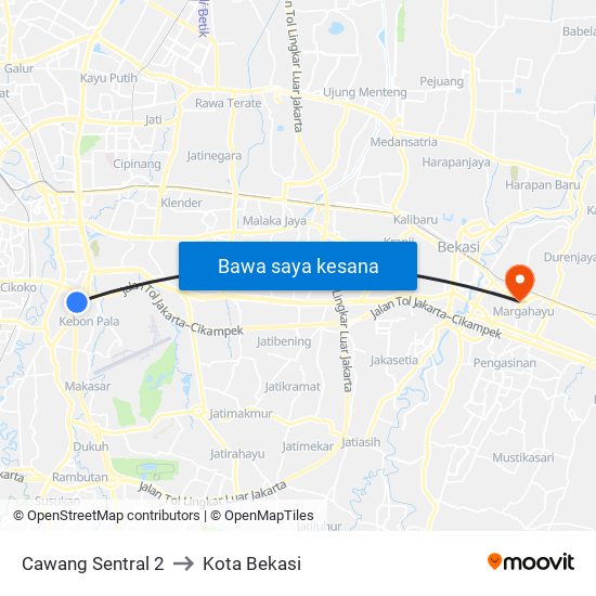 Cawang Sentral 2 to Kota Bekasi map