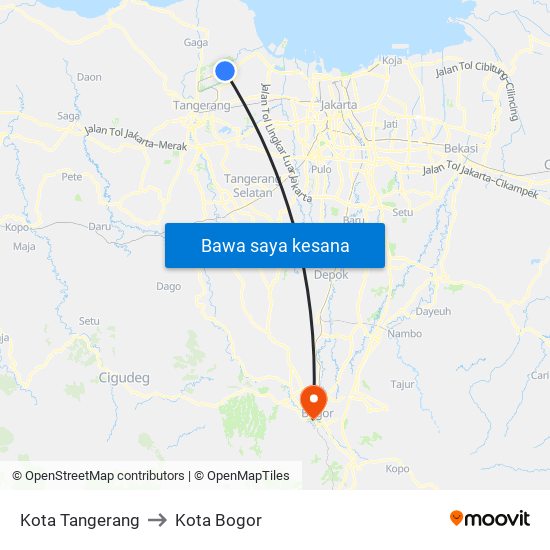 Kota Tangerang to Kota Bogor map